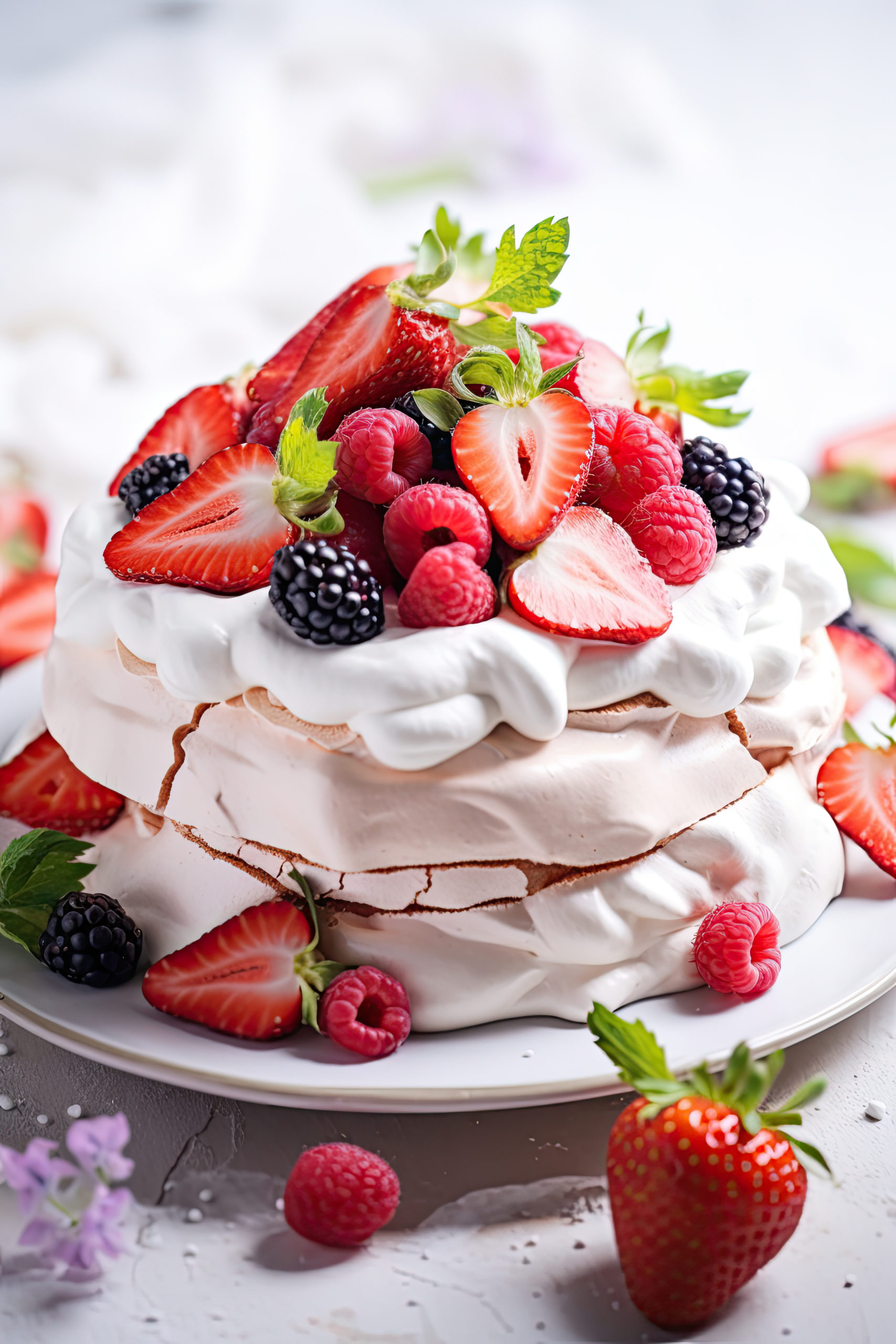Homemade delicious meringue cake "Pavlova" with fresh straberry and mascarpone on a white background